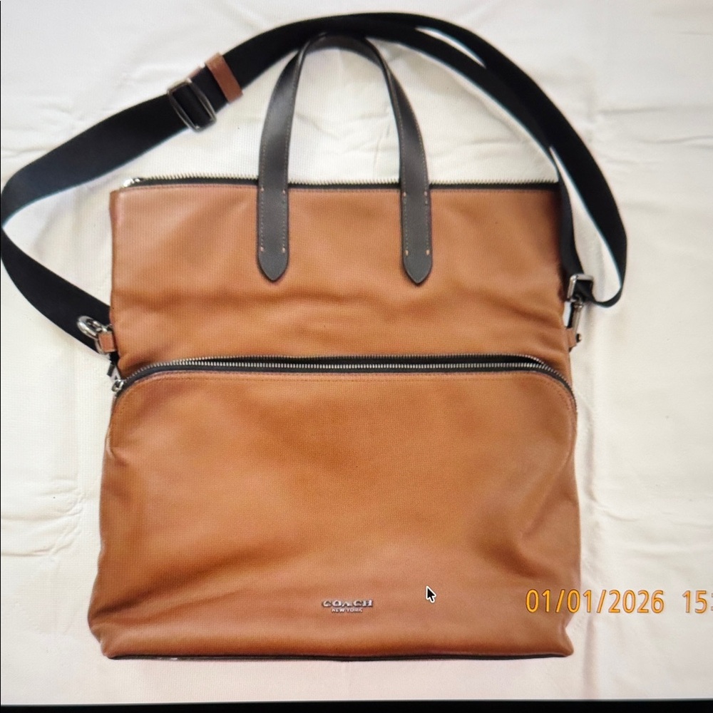 Coach Brown Leather Messenger Bag with Black Trim